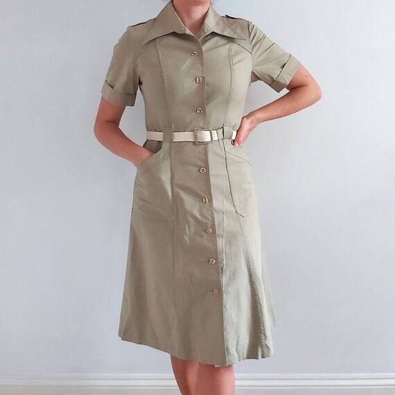 Vintage Olive Green Shirt Dress with Woven Belt // Khaki Military Midi Dress // Small