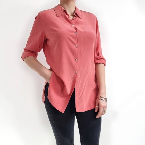 90's Vintage Bright Pink Pure Silk Ladies Shirt |… - image 3