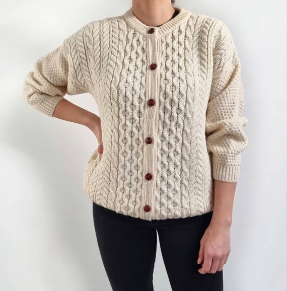 Vintage Natural Wool Aran Knit Cardigan Cream Ladies Button