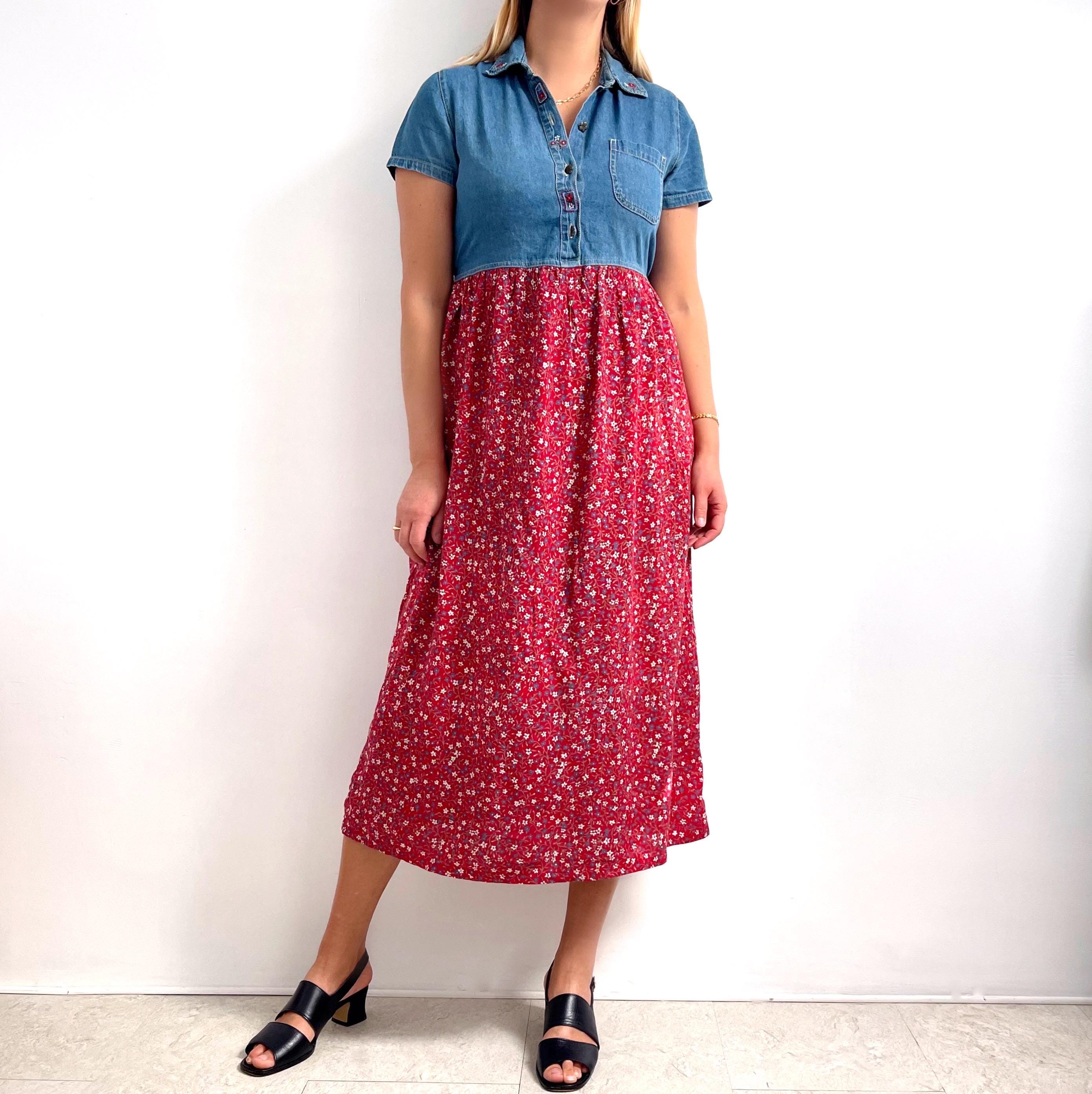 vintage denim maxi dress Women Vintage Distressed Patchwork Long Sleeve Denim Maxi Dress BUYKUD