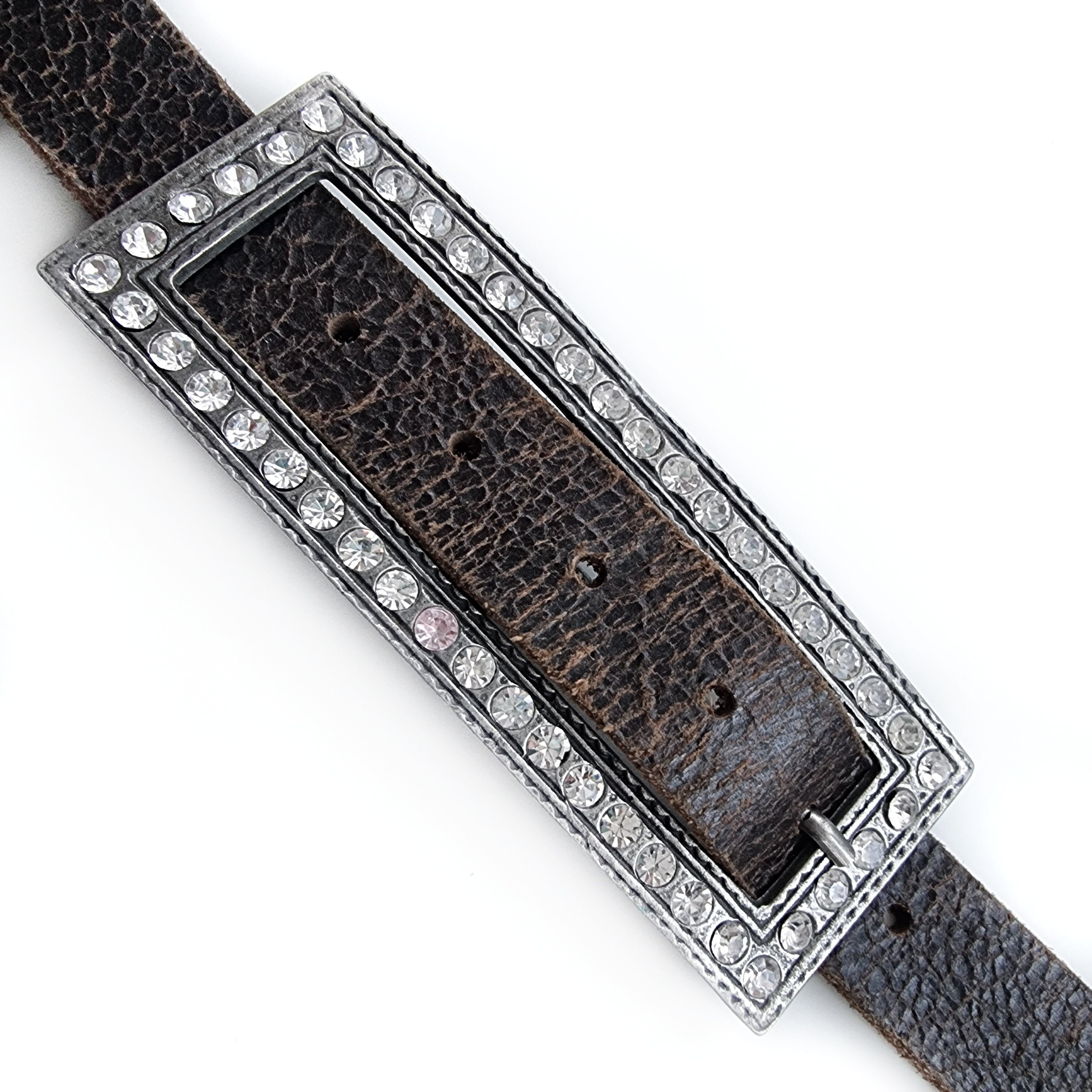 00's Vintage Black Leather Belt With Large Rectangular