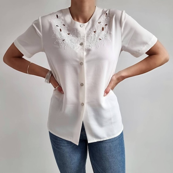 Chemisier Vintage Blanc Femme - Taille L, Col Brodé, Manches Courtes, Neuf Avec étiquettes