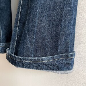 May include: Close-up of the hem of a pair of blue denim jeans with a single stitch of light yellow thread running along the edge.