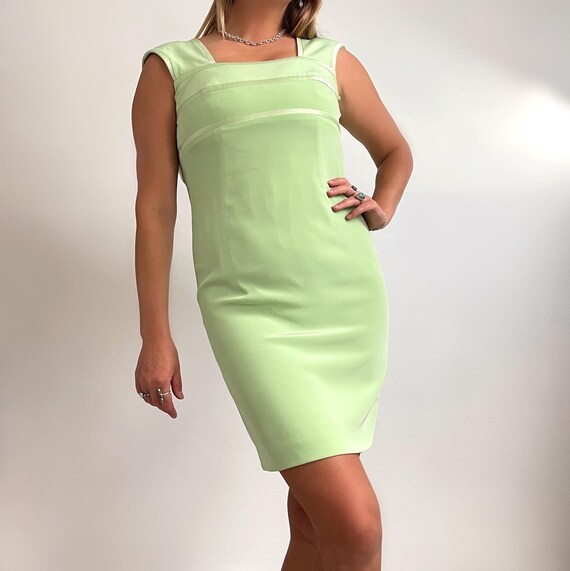 90s Vintage Lime Green Fitted Short Dress | Smart, Bright Sheath Mini Dress | Small 90s Vintage Lime Green Fitted Short Dress | Smart, Bright Sheath Mini Dress | Small