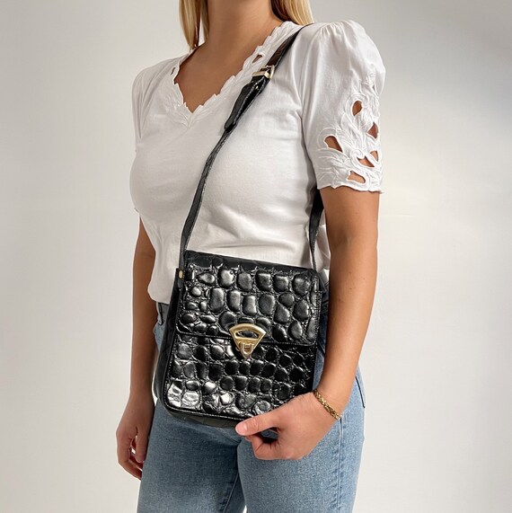 Vintage GIANFRANCO FERRÉ Black Crocodile Embossed Leather Bag W