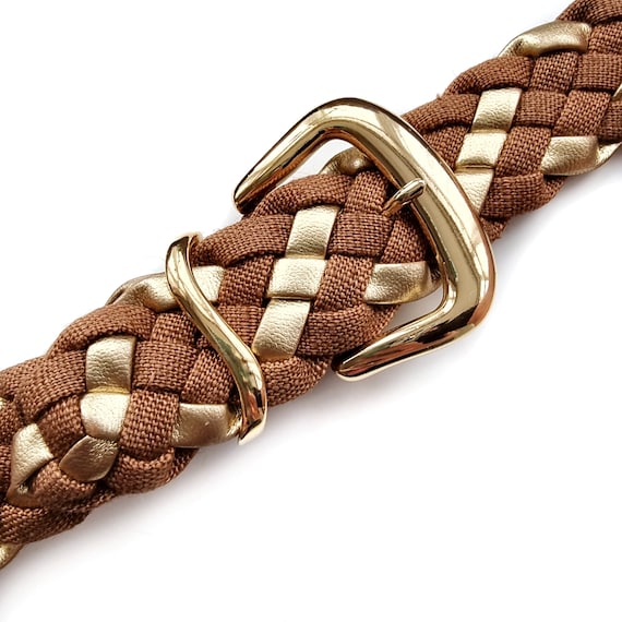 Vintage Gold & Tan Brown Fabric Woven Ladies Belt… - image 2