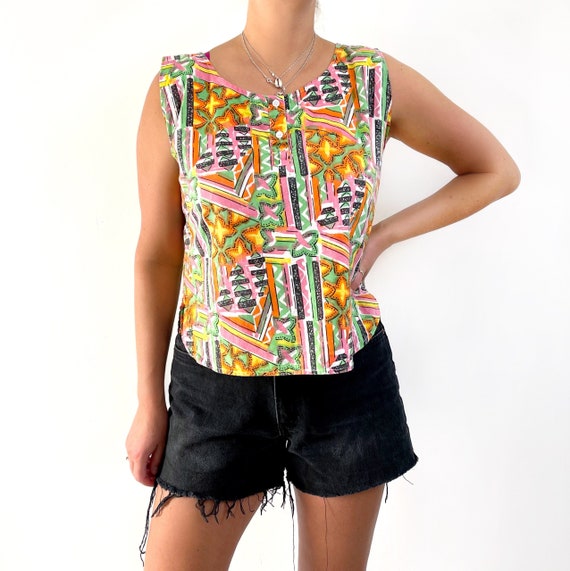 Vintage Vest Top In Neon Wax Print | Bright Print… - image 3