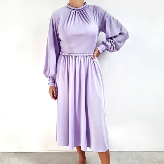 70's Vintage Lilac Midi Dress With Braid Detail /… - image 2