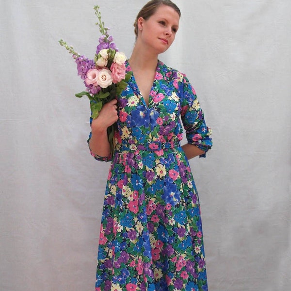 Bright Floral, Blue Dress - Summery Vintage Frock - Medium - Pink, Blue, Yellow, Green Blossoms