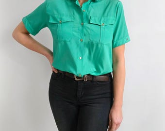 Camisa Vintage Verde Brilhante de Manga Curta | Blusa de Botão de Verão | Pequeno - Médio | Feito na Inglaterra