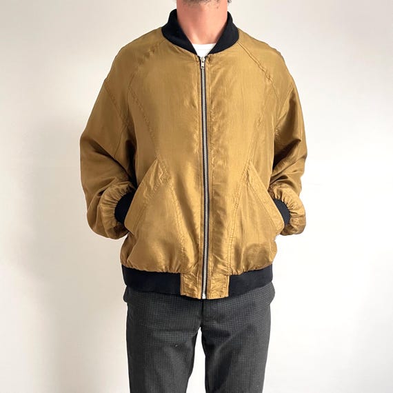 80s Vintage Mustard Gold Mens Silk Bomber | Unisex Light