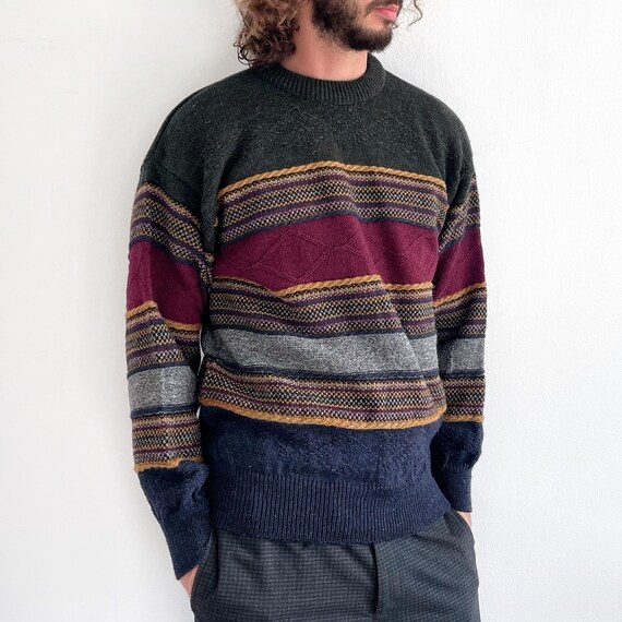 L Vintage 80s Mens Cardigan Grey Retro Aztec Stripe Grandad Sweater Geek D64