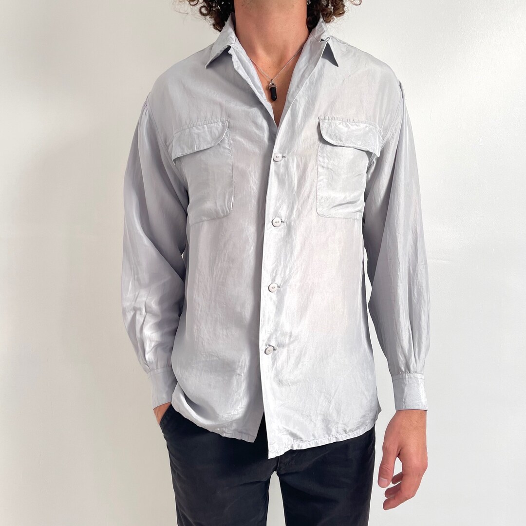 Vintage Mens Grey Silk Shirt Long Sleeve Silver Grey Shirt Etsy