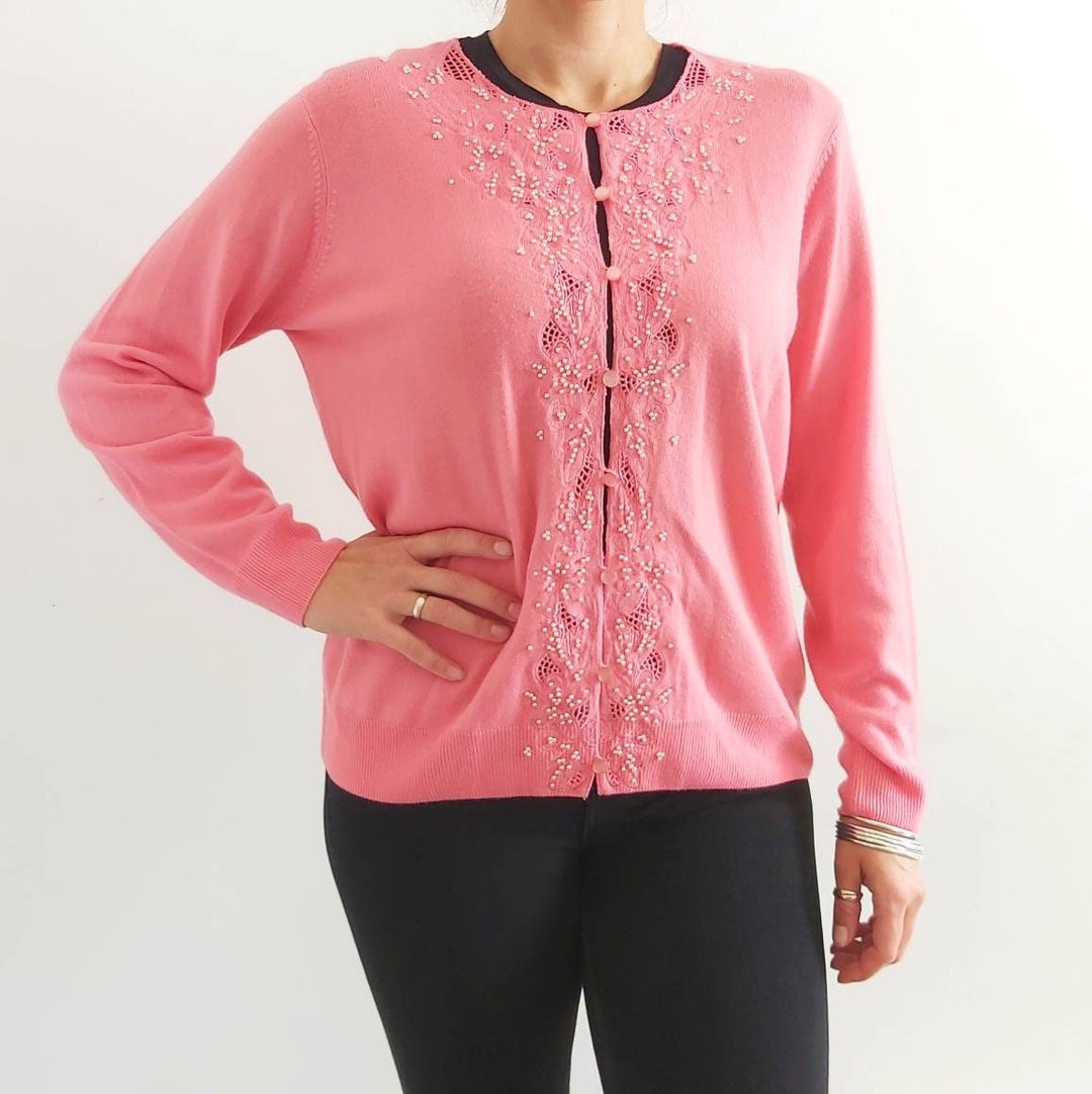 90's Vintage Embellished Cardigan in Pink // Button up Beaded Jumper