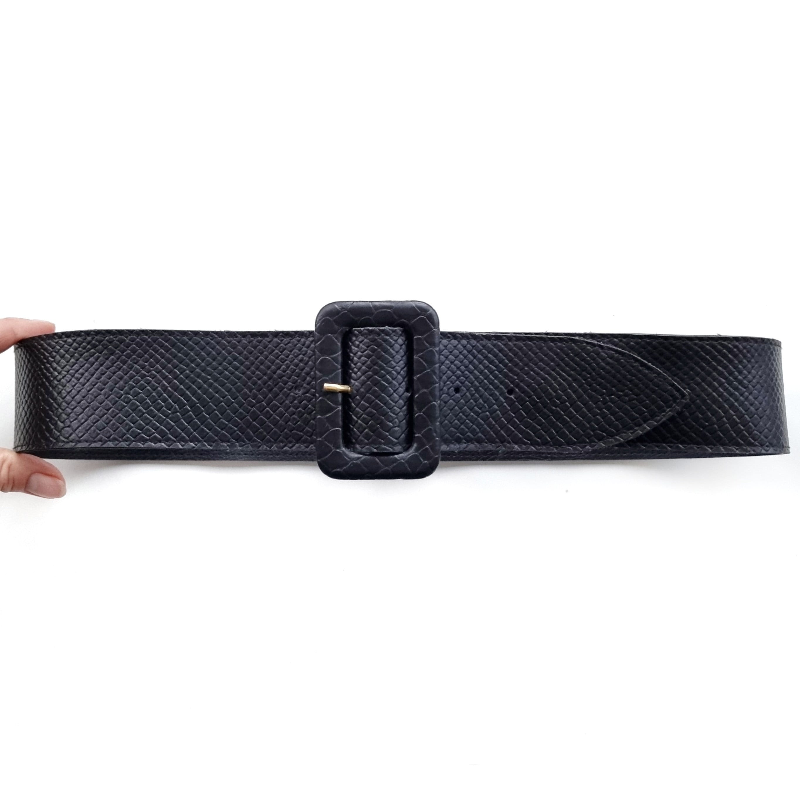 Vintage Vegan Leather All Black Buckle | Statement Ladies Dress Belt | Small - Medium