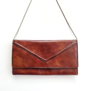 Vintage Braune Leder Umhängetasche mit Kettenriemen | Umschlag Clutch Bag