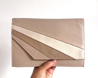 Vintage Beige & Cream Leather Handbag W Long Strap | Smart Clutch Bag