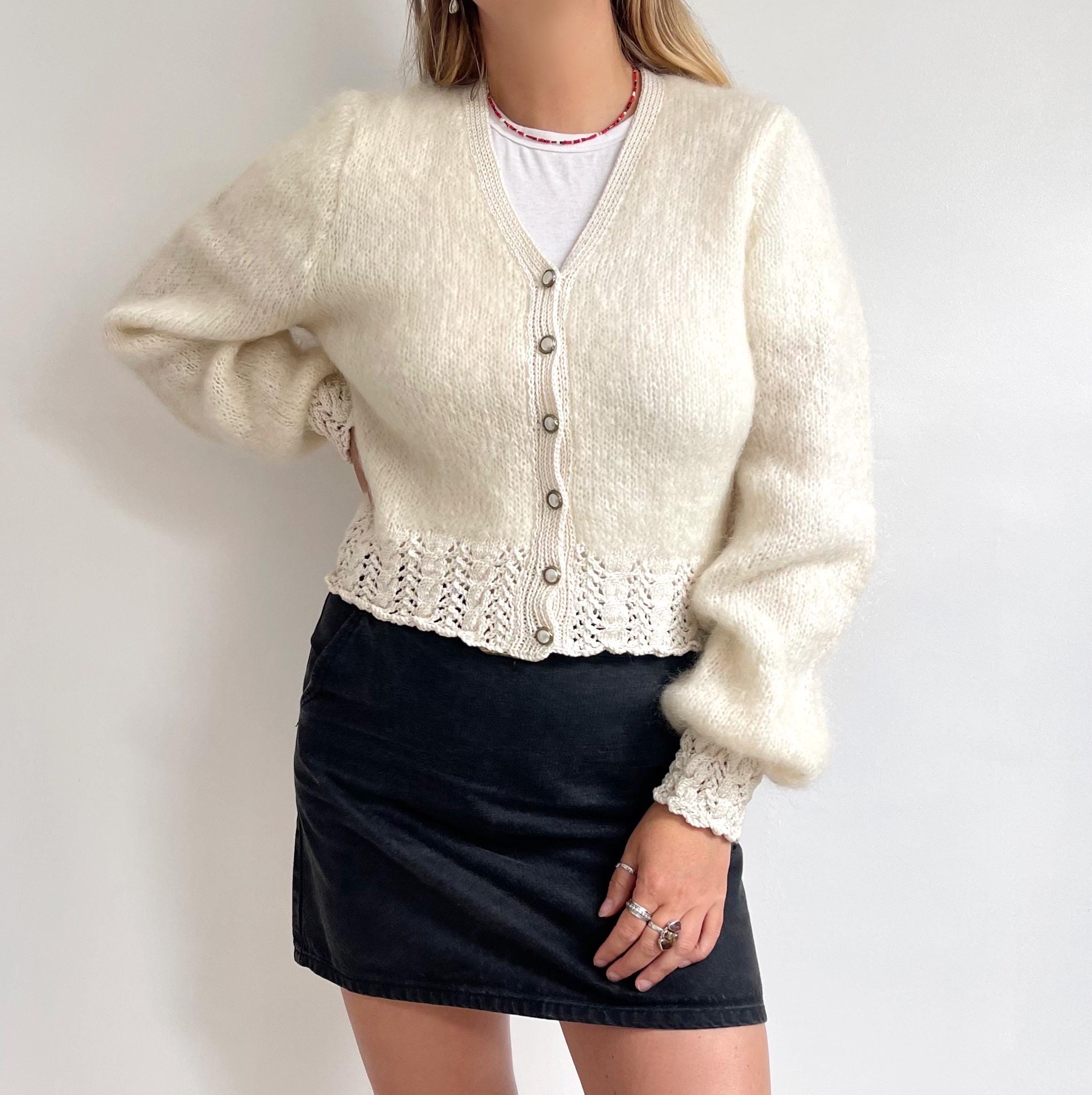 80s Vintage Fancy Cream Mohair Cardigan | Cropped V-neck Wool