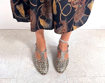 New Vintage Metallic Woven Shoes | Low Heel, Closed Toe T-Bar Strap Sandals | 37 EUR / UK 4
