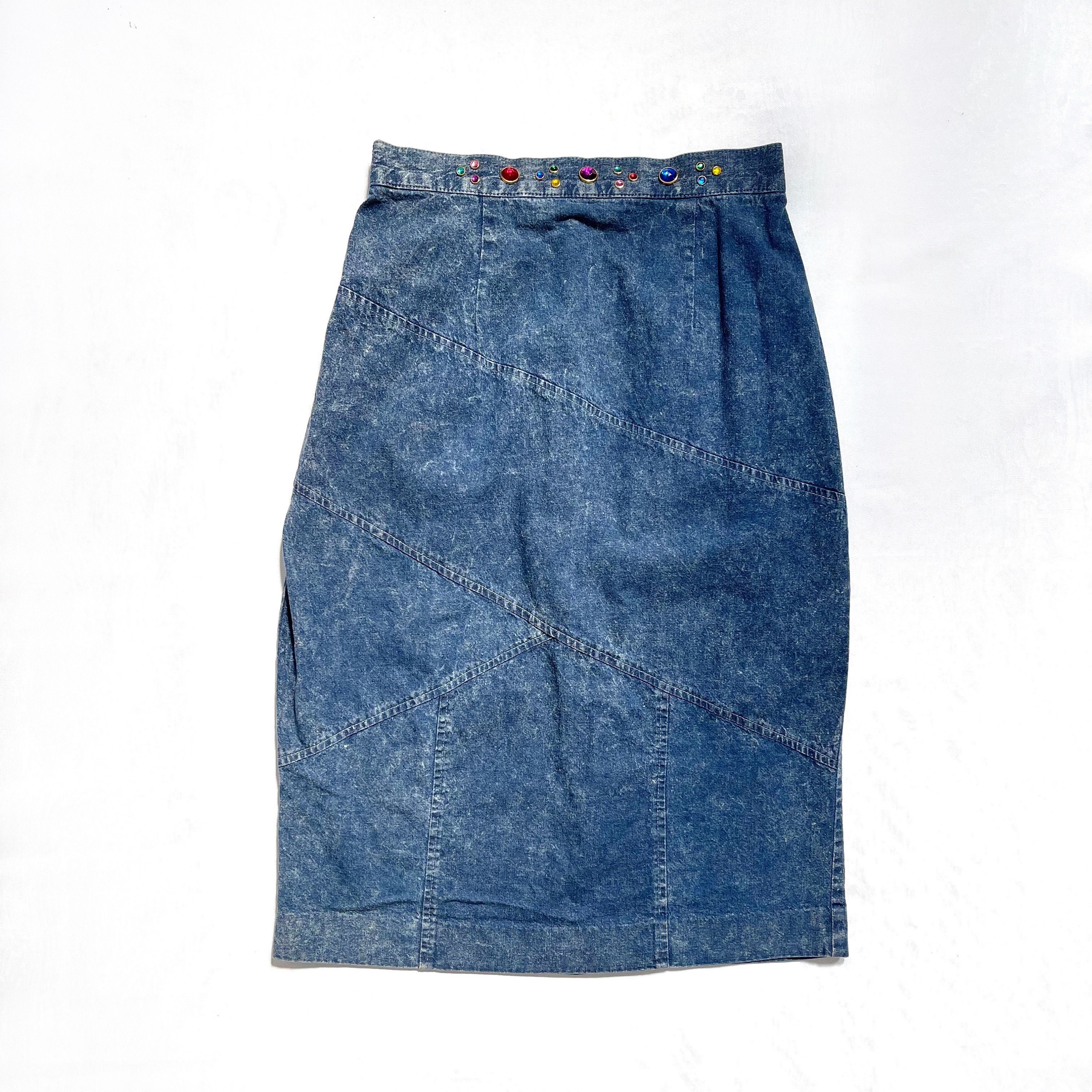 80's Vintage Denim Midi Pencil Skirt | Rainbow Gemstone
