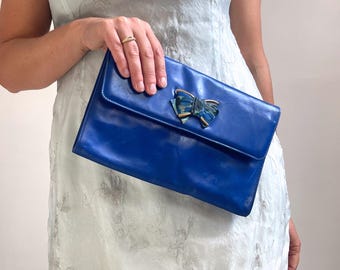 Vintage Bright Blue Italian Leather Shoulder Bag w Bow | 80s Clutch Handbag