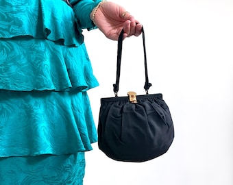 50s Vintage Small Black Evening Bag w Gold Clasp | Fabric Top Handle Handbag / Purse