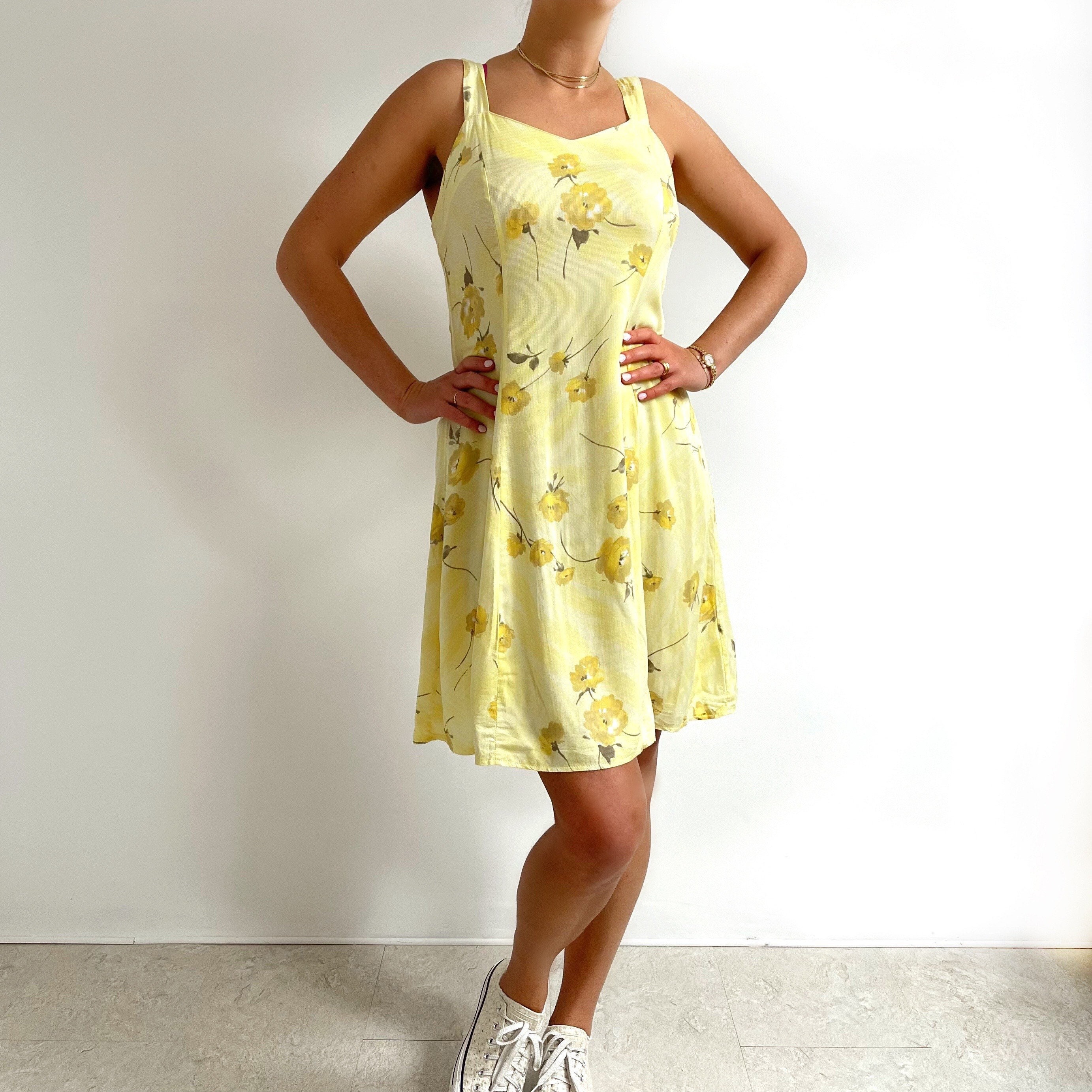 Vintage Sundress Yellow Floral Dress With Bra 90s Cotton Yellow and White  Dress S M 