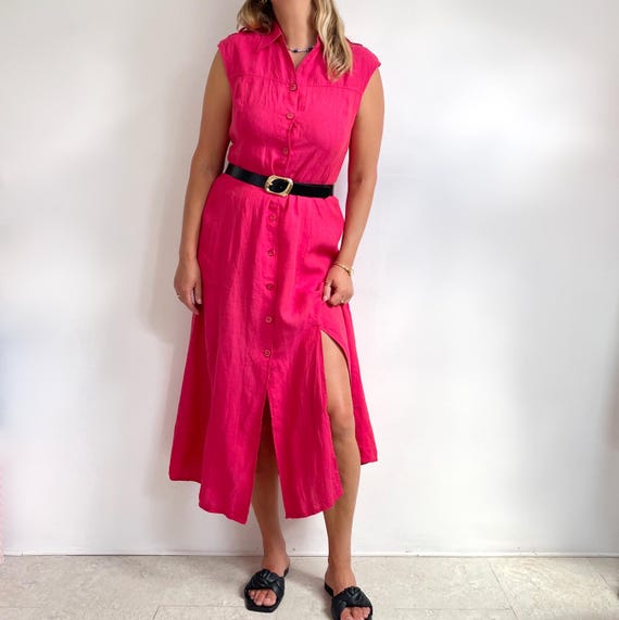 Vintage ESCADA Raspberry Pink Linen Long Button Through Shirt Dress | Sleeveless Maxi Summer Dress | Medium - Large