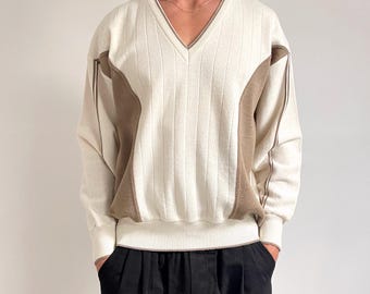 Vintage Neutral Gabicci Men’s V-neck Jumper | Cream & Beige Smart Wool Mix Sweater | Medium - Large