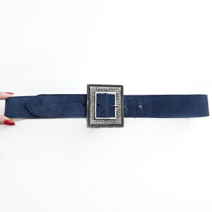 Vintage Suede navy blue Wide Belt Textured Silver Buckle USA womens size S small Women main image 3