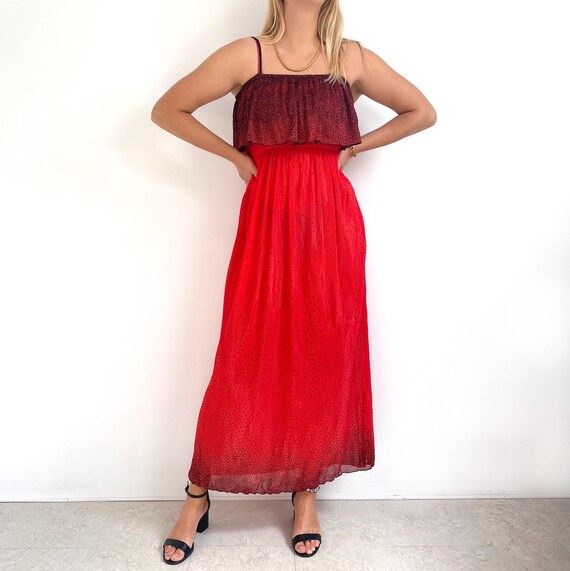 70s Vintage Pleated, Red & Black Polka Dot Strappy Maxi Dress | Small - Medium