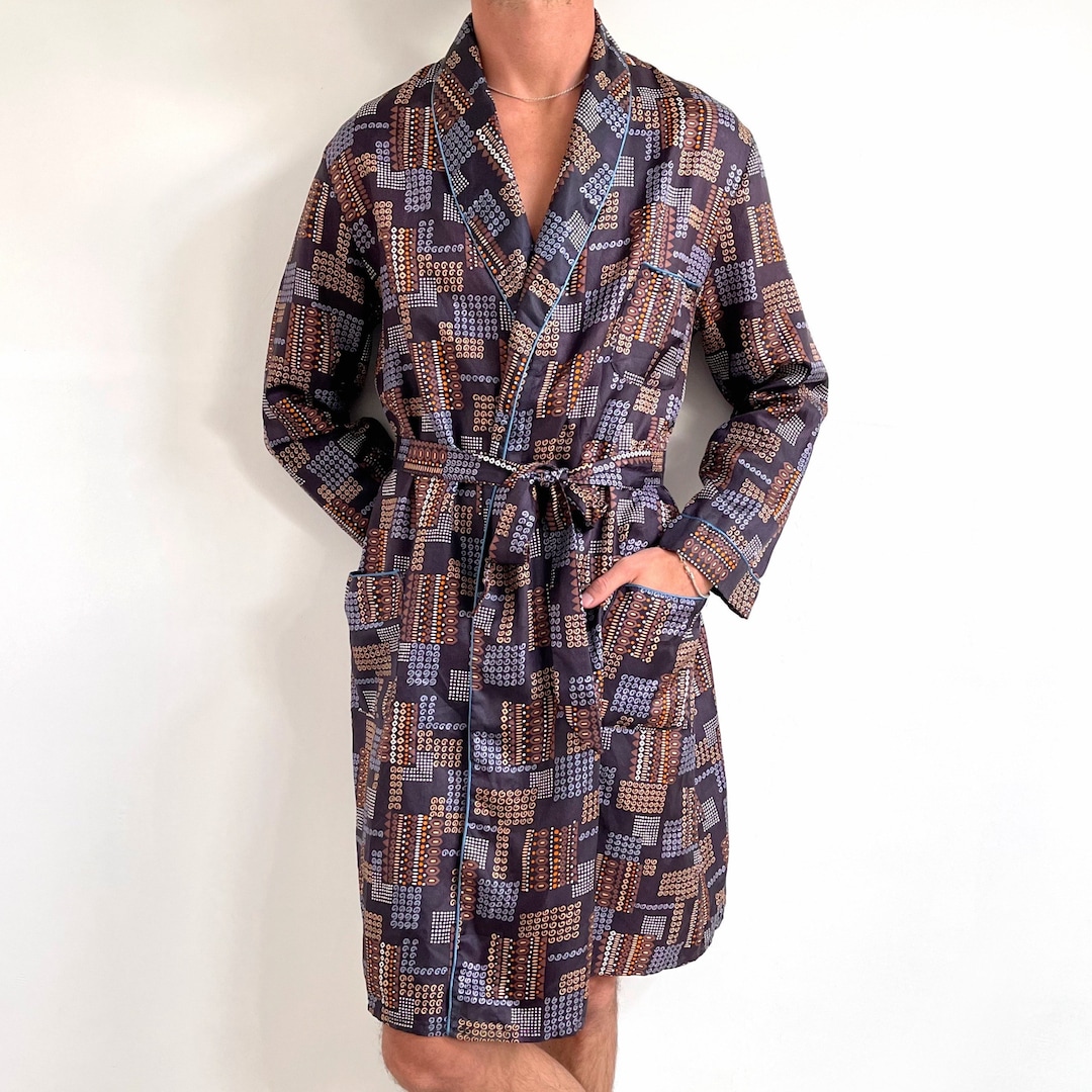 Vintage Mens House Robe // Printed Satin Smoking Jacket in Etsy