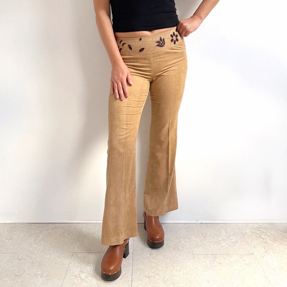 Vintage Beige Boho Boot Cut Trousers Y2K Embroidered Waistband