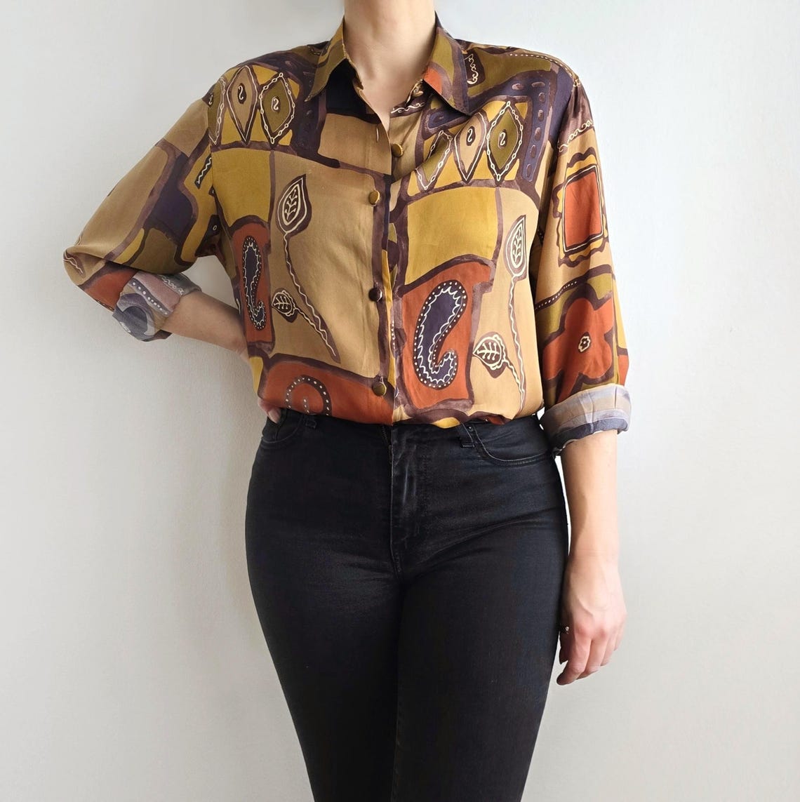 Vintage Cupro Abstract Patchwork Blouse | Vegan Silk Paisley Floral Ladies Shirt | Medium, photo 3 of 5