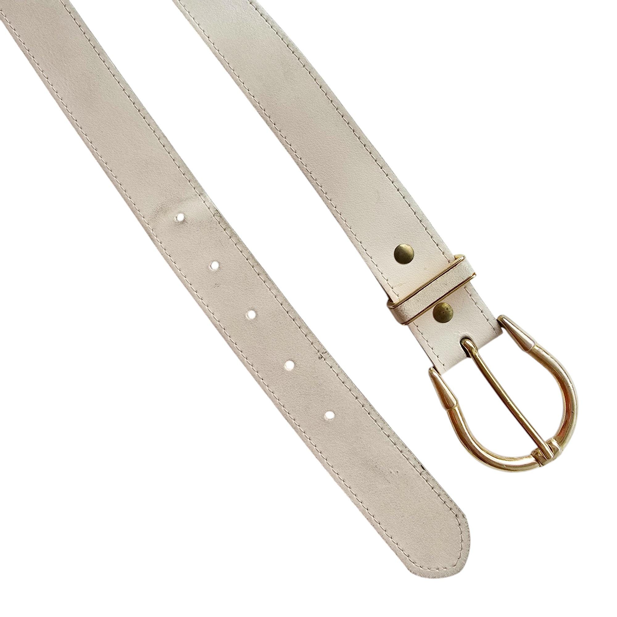 Vintage White Cream Leather Belt With Gold Buckle | Medium  display picture 3