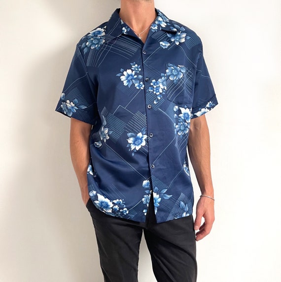 70s Vintage Mens Navy Floral Shirt Short Sleeve Blue Summer Shirt Large Etsy Canada