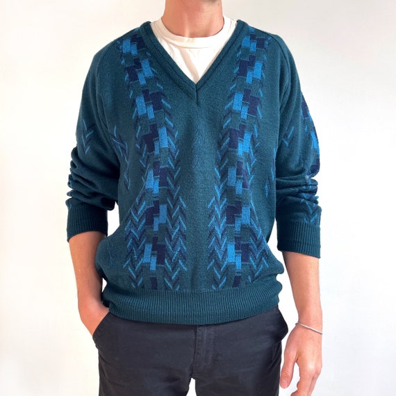 EllieAndBarby Vintage Pierre Sangan Men's V-Neck Jumper in Teal Green \u0026 Blue // Geometric V-Neck Sweater // Large