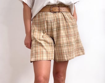 90s Vintage Ladies Plaid Check Shorts | Beige Brown Woven Linen