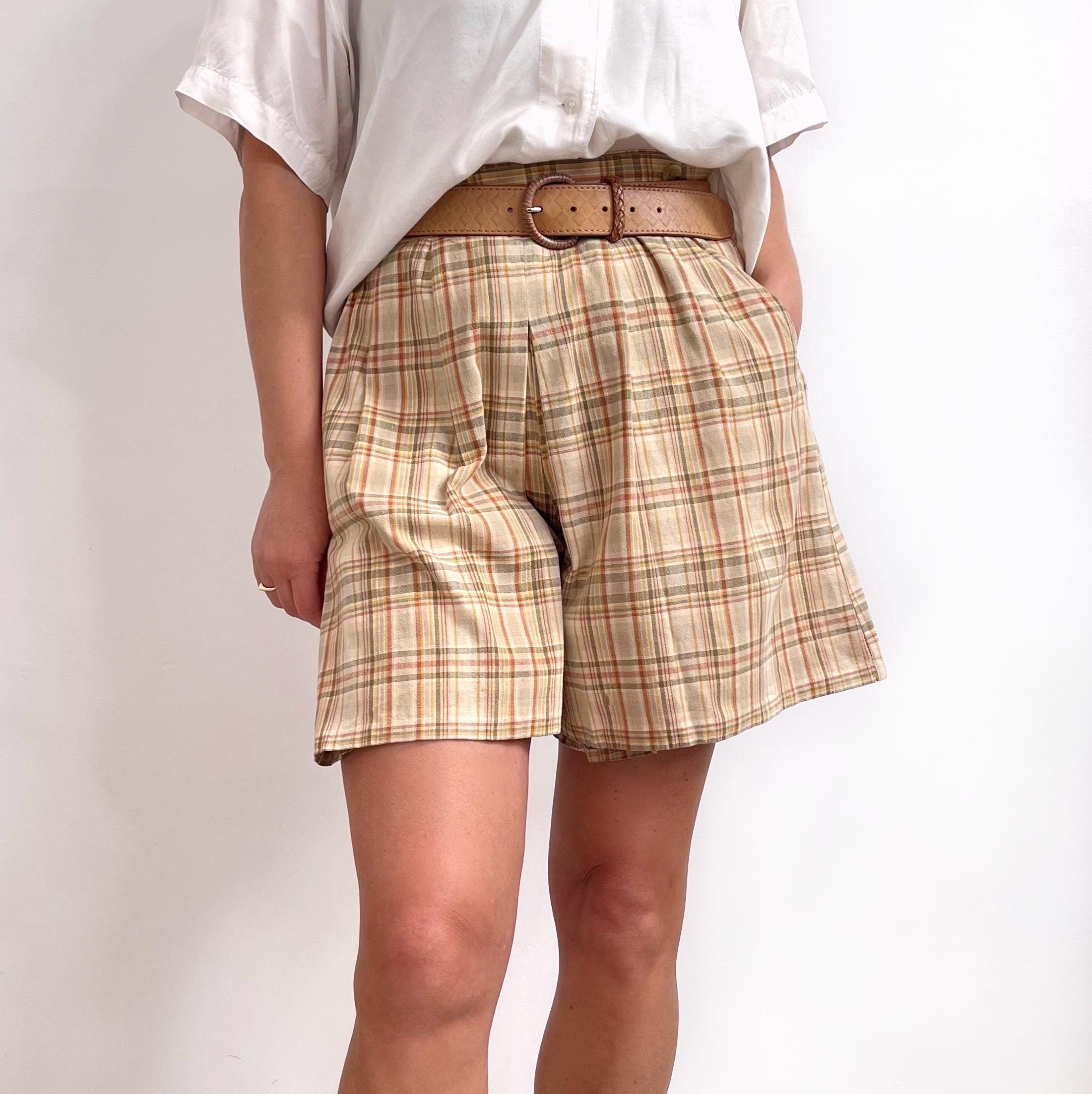 90s Vintage Ladies Plaid Check Shorts | Beige Brown Woven Linen