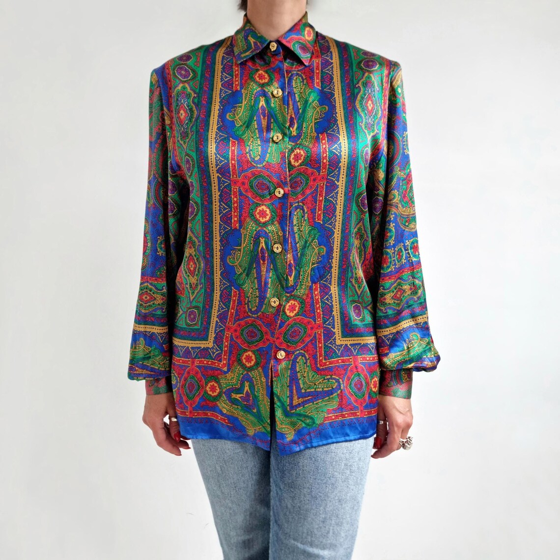 Vintage Bright Print Ladies Satin Silk Ladies Shirt | Paris Couture Blouse | Small - Medium | Made in France, foto 1 di 5