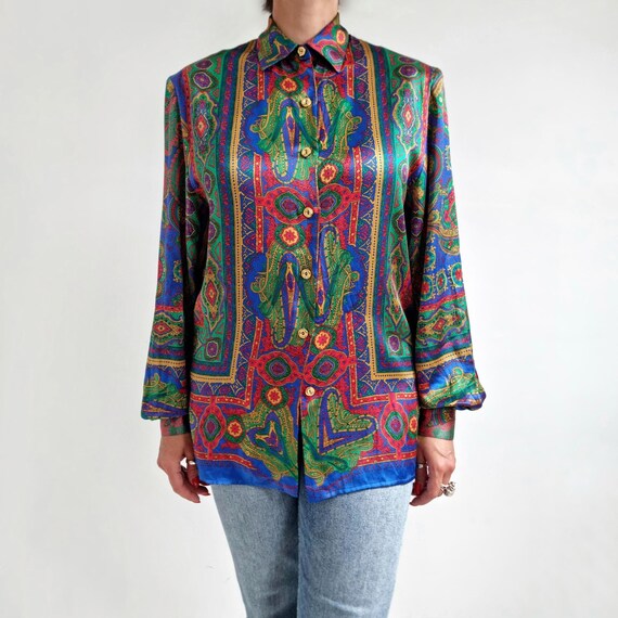 Vintage Bright Print Ladies Satin Silk Ladies Shirt | Paris Couture Blouse | Small - Medium | Made in France