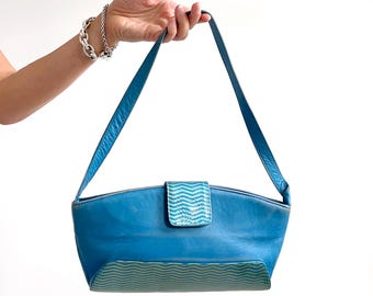 Vintage Turquoise Blue Leather Shoulder Bag | 80s Small Aqua Handbag