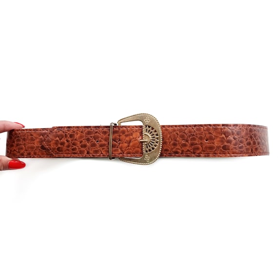 Vintage Brown Embossed Vegan Leather Belt With Ornate Brass 