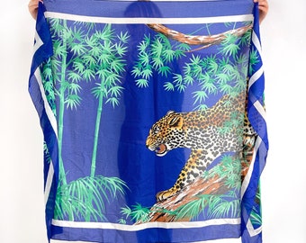 Vintage Huge Leopard Print Scarf | Leopard & Bamboo Blue