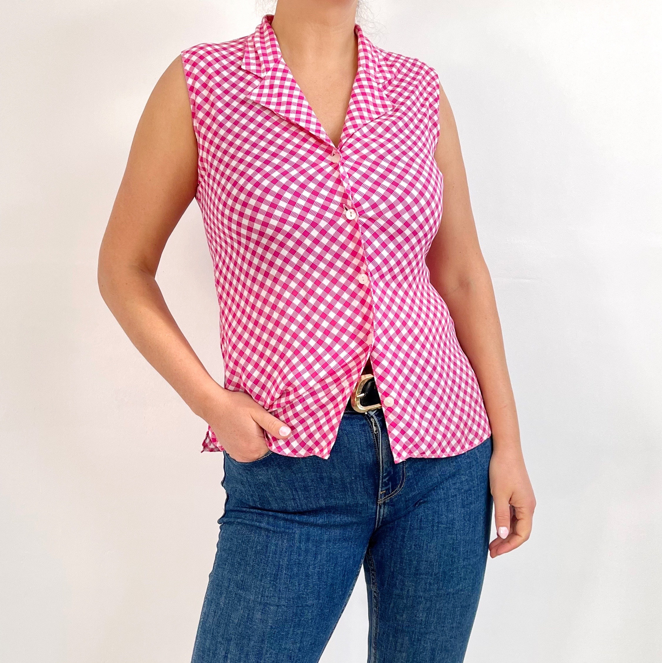 Vintage Pink & White Gingham Check Blouse | Sleeveless Ladies