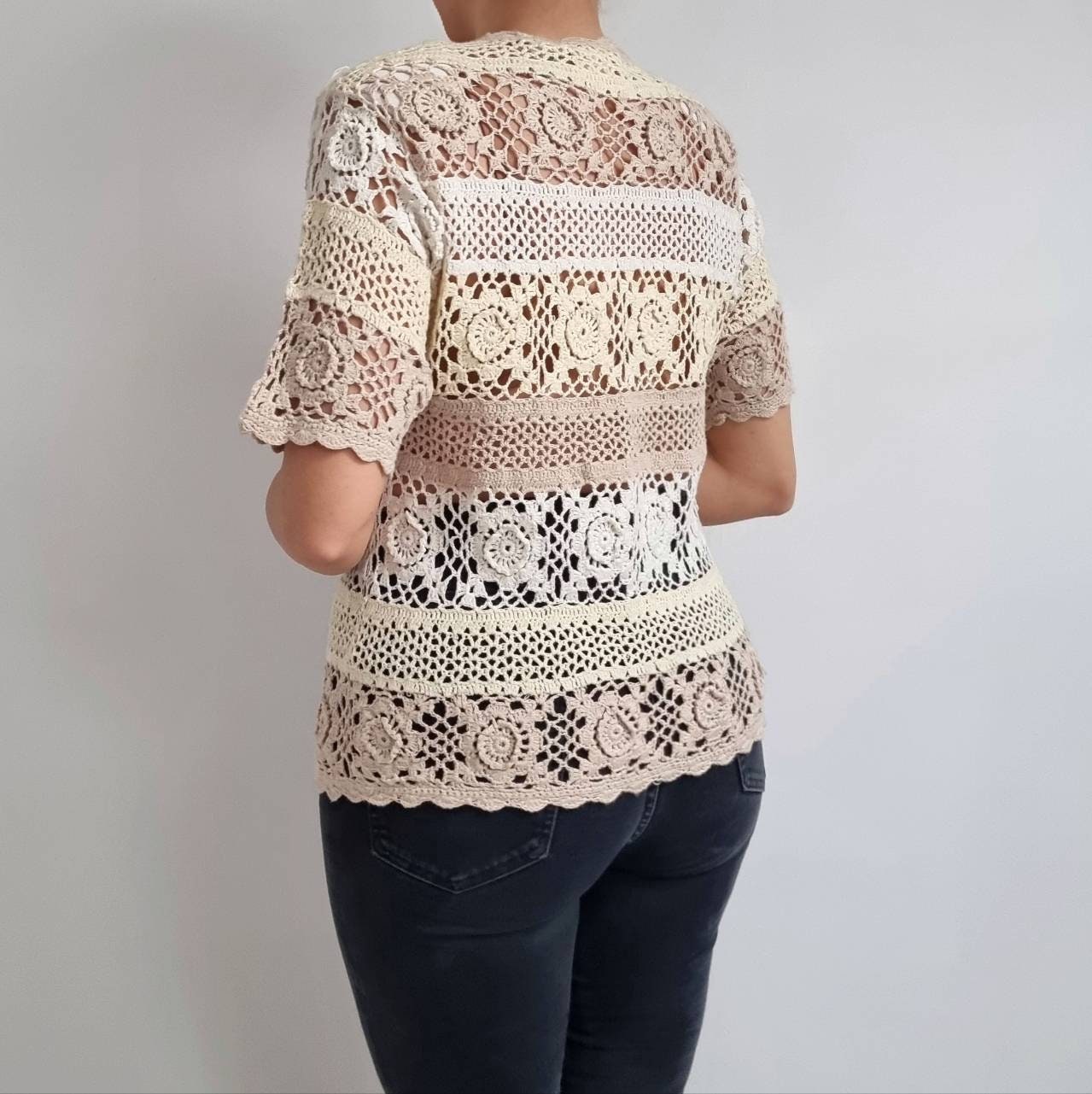 Vintage Cream & Beige Stripe Crochet Top | Short Sleeve
