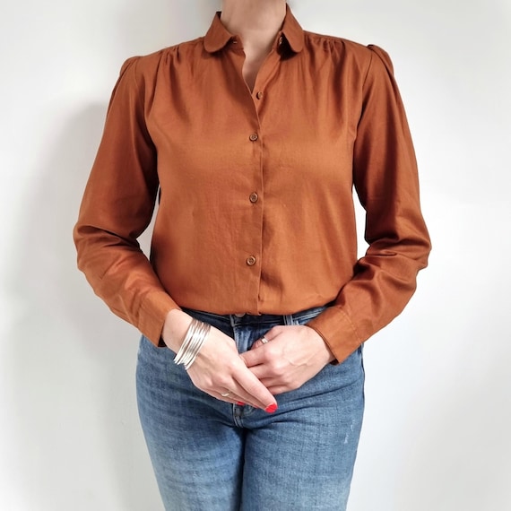 Blusa de algodón marrón vintage de los años 70 Camisa de mujer