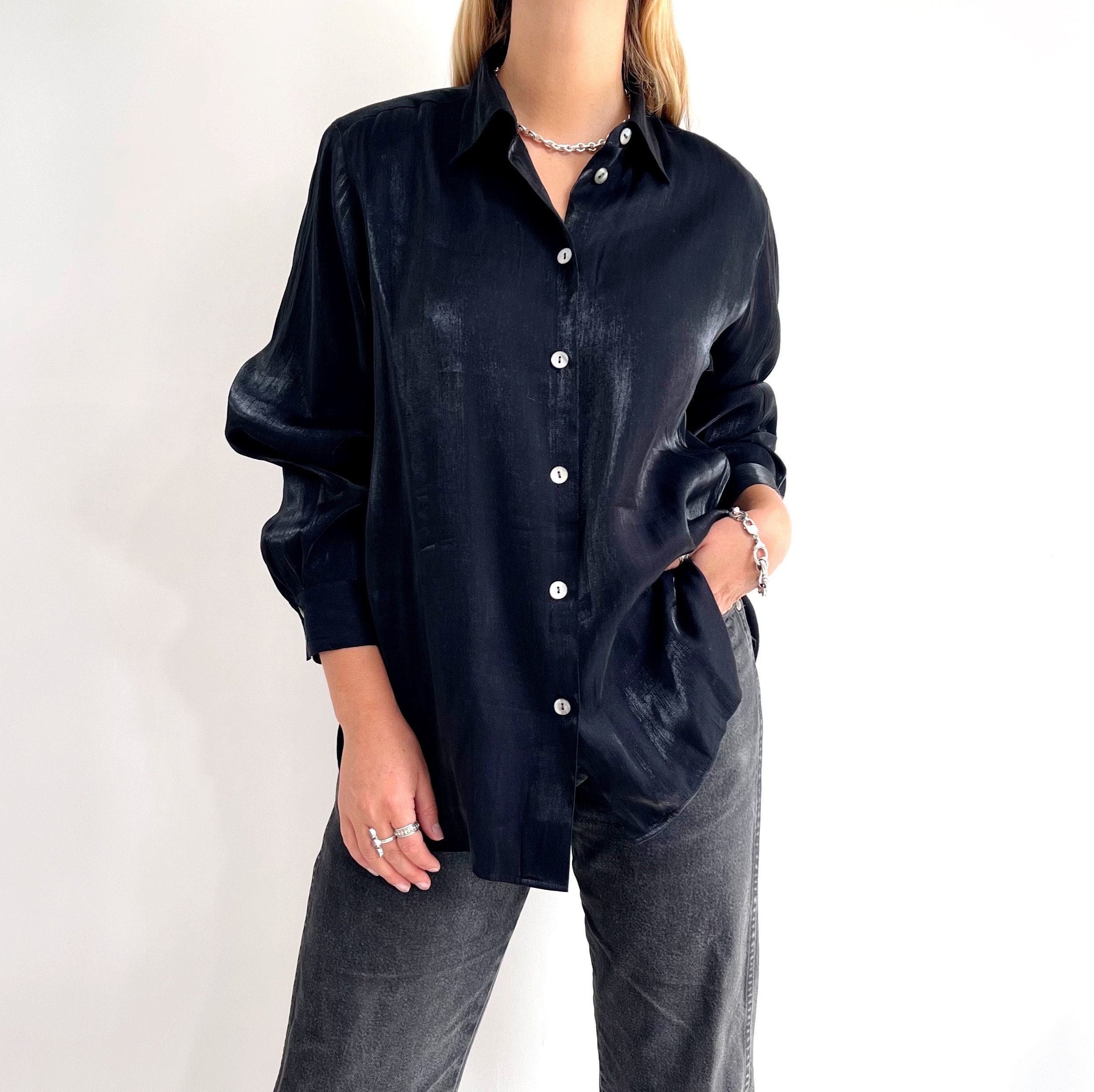 90s Vintage Black Lame Ladies Shirt Shiny Metallic Long Sleeve 
