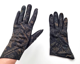 Vintage Ladies Black Fabric Gloves with Abstract Print