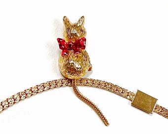Broche Vintage Or Chat Avec Queue En Chaînette – Bijou Fantaisie Femme – État Impeccable